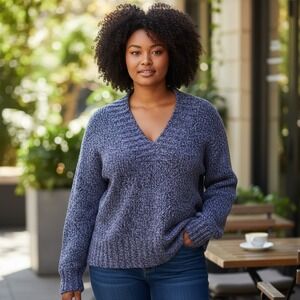 Wind River Sweater Women Medium Blue‎ Marled Knit V-Neck Pullover Acrylic Cozy